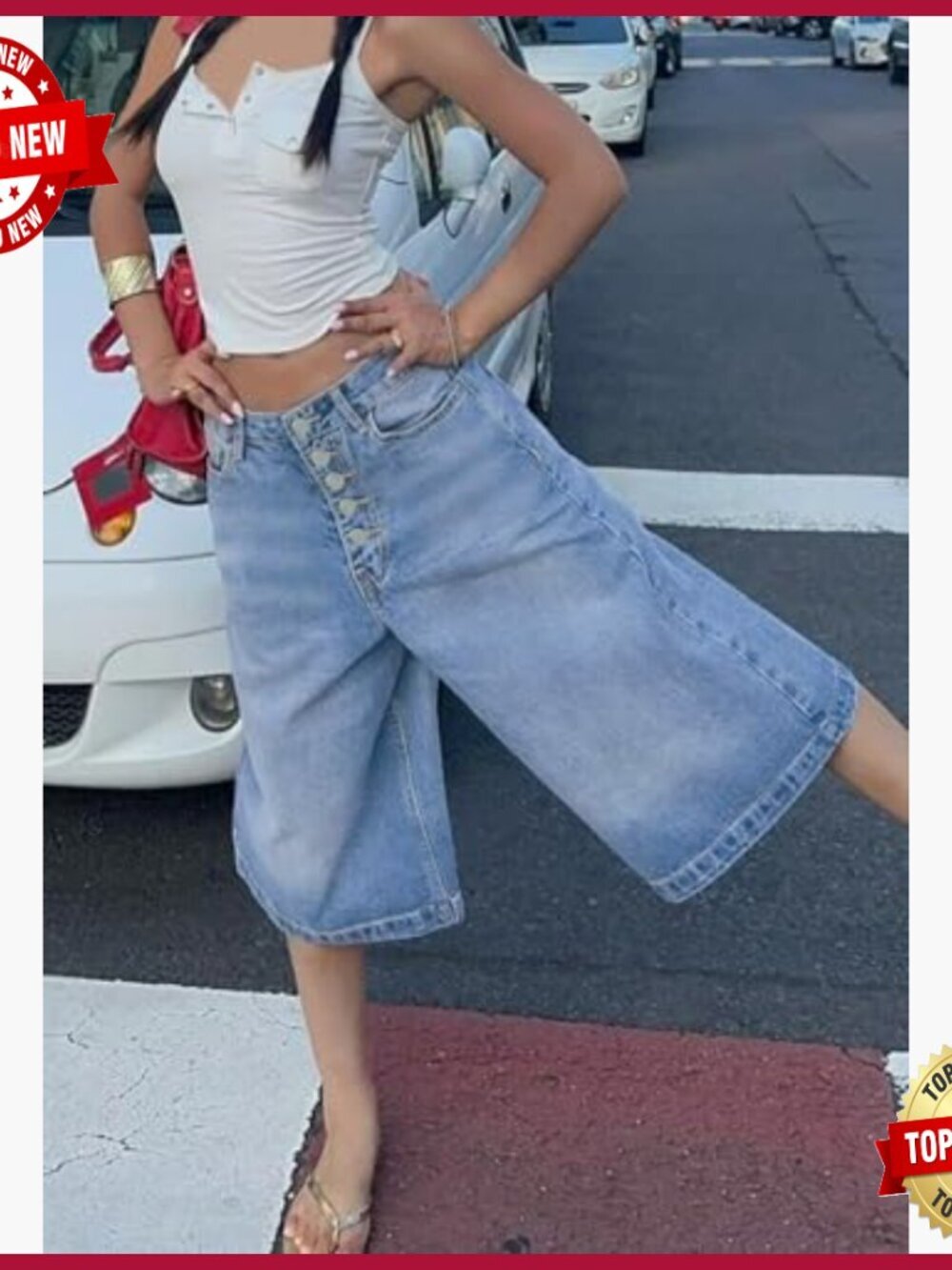 Baggy Wide Leg Cargo Jeans High Waist Capri Denim Bermuda Jorts Plus Size Y2k - Picture 4 of 5